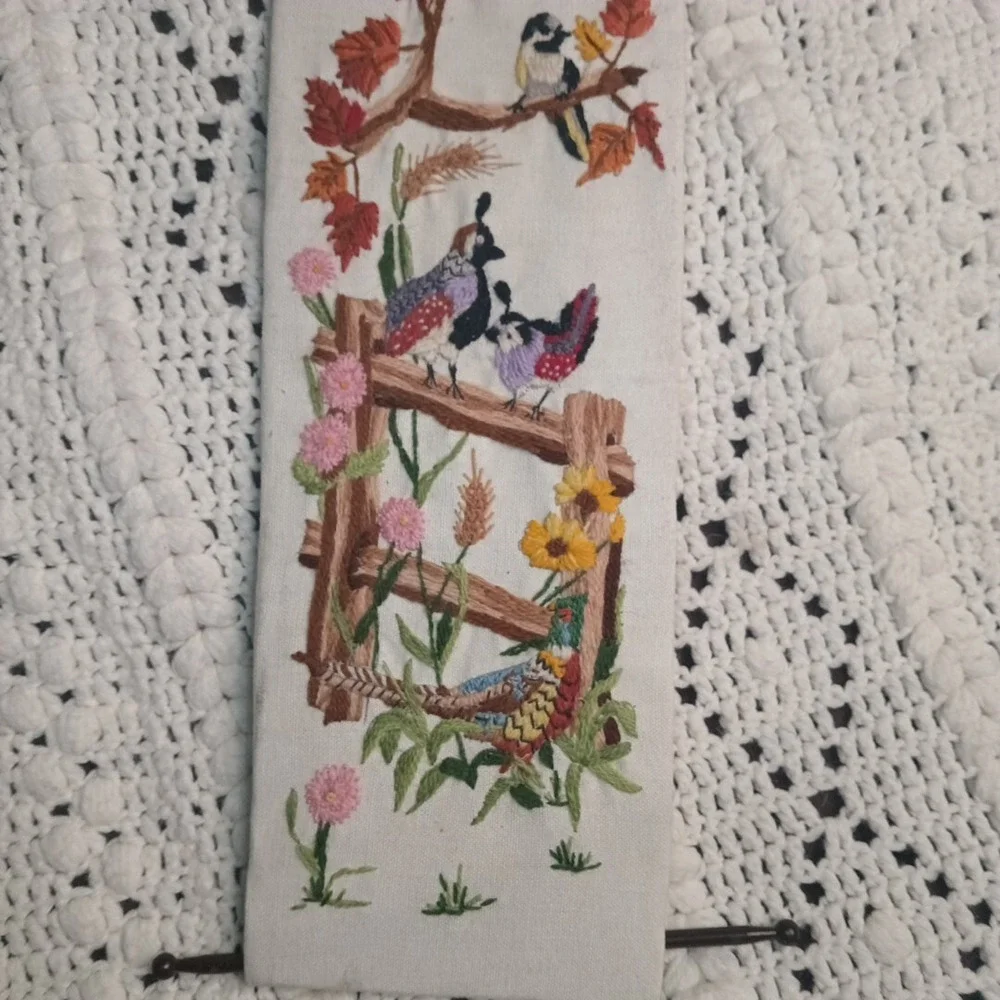 Embroidered Cross Stitch Hanging Art Birds Vintage Handmade Quail Leewards 26X6